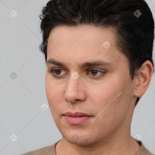 Neutral white young-adult male with short  brown hair and brown eyes