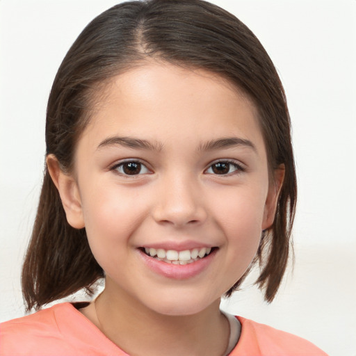 Joyful white child female with medium  brown hair and brown eyes