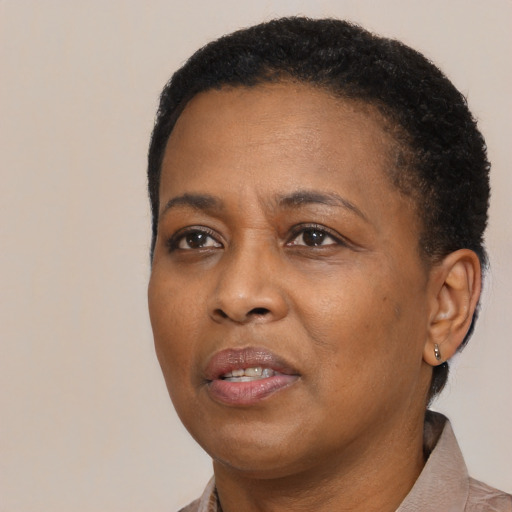 Neutral black adult female with short  black hair and brown eyes