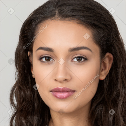 Neutral white young-adult female with long  brown hair and brown eyes