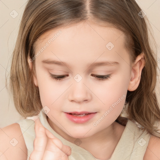 Joyful white child female with medium  brown hair and brown eyes