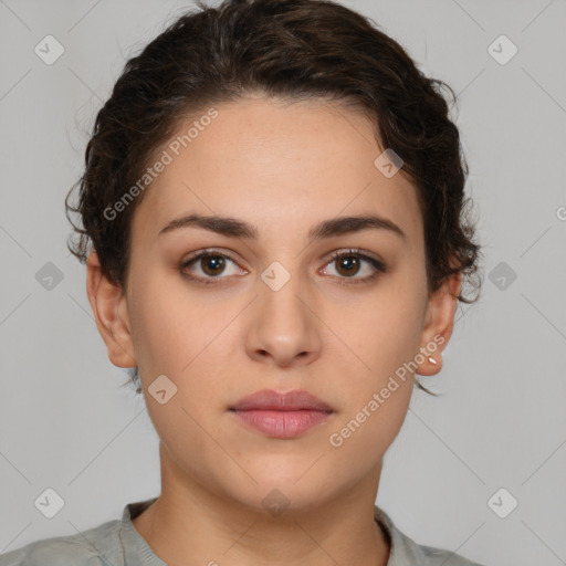 Neutral white young-adult female with medium  brown hair and brown eyes