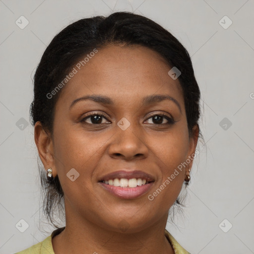 Joyful black young-adult female with medium  brown hair and brown eyes