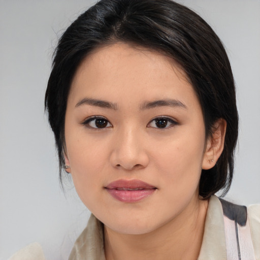 Joyful white young-adult female with medium  black hair and brown eyes