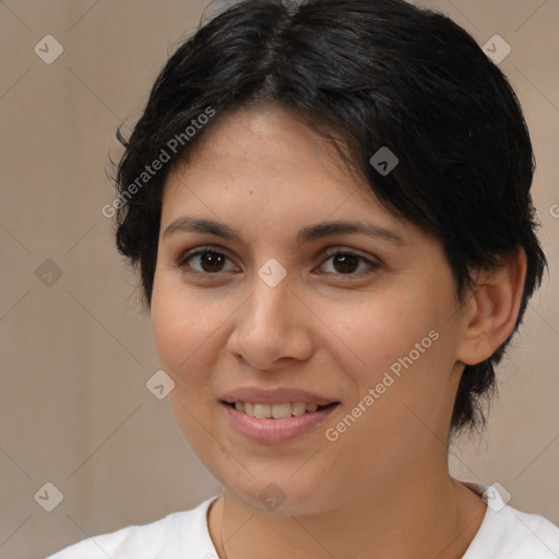 Joyful white young-adult female with medium  brown hair and brown eyes