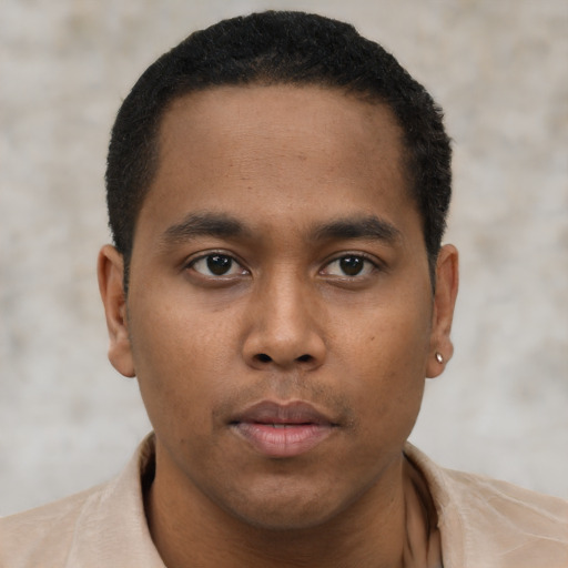 Neutral black young-adult male with short  black hair and brown eyes