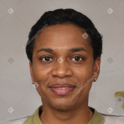 Joyful black adult female with short  black hair and brown eyes