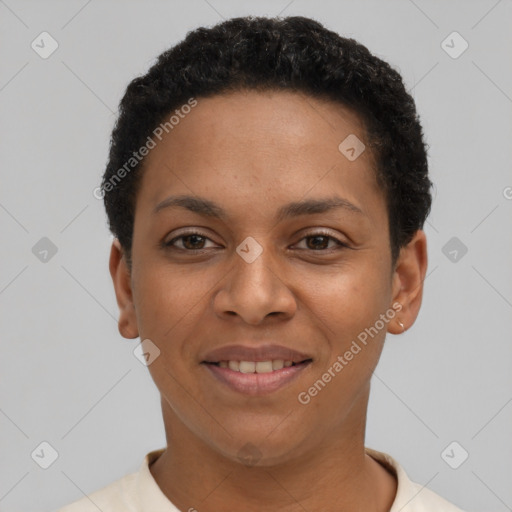 Joyful latino young-adult female with short  black hair and brown eyes