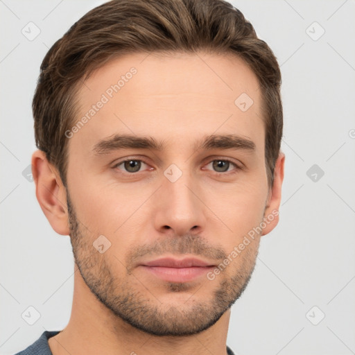 Neutral white young-adult male with short  brown hair and brown eyes