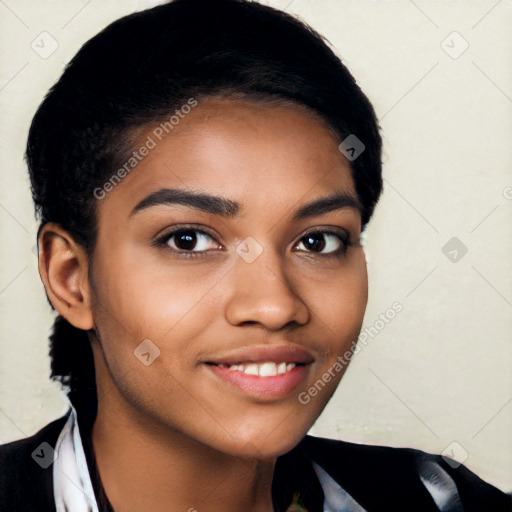 Joyful latino young-adult female with long  black hair and brown eyes