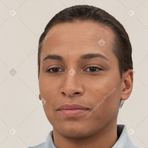 Neutral white young-adult female with short  brown hair and brown eyes