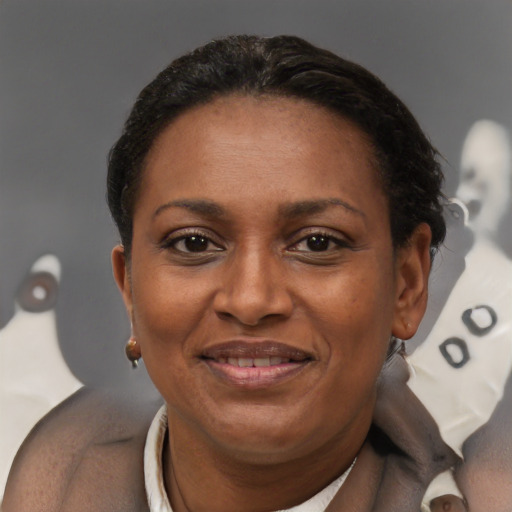 Joyful black adult female with short  brown hair and brown eyes