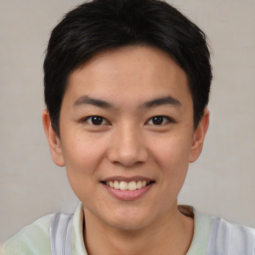 Joyful asian young-adult female with short  brown hair and brown eyes