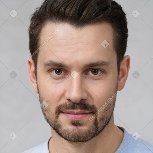 Neutral white young-adult male with short  brown hair and brown eyes