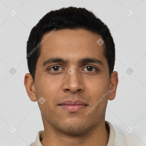 Neutral latino young-adult male with short  black hair and brown eyes