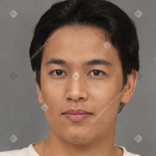 Neutral asian young-adult male with short  brown hair and brown eyes