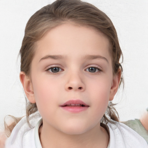 Neutral white child female with medium  brown hair and blue eyes