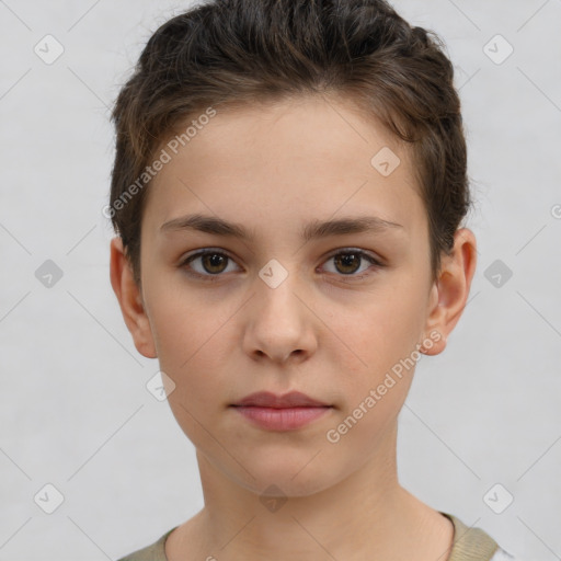 Neutral white young-adult female with short  brown hair and brown eyes