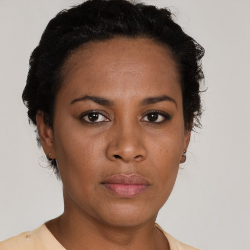 Neutral black young-adult female with short  brown hair and brown eyes