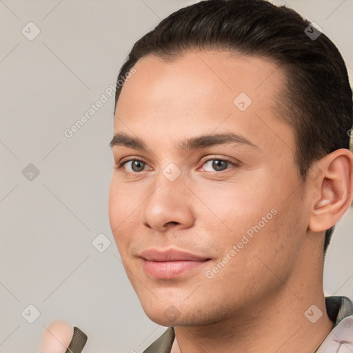 Joyful white young-adult male with short  brown hair and brown eyes