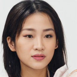 Neutral asian young-adult female with long  brown hair and brown eyes