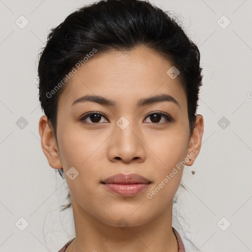 Joyful latino young-adult female with short  brown hair and brown eyes