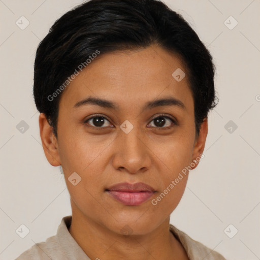 Joyful asian young-adult female with short  brown hair and brown eyes