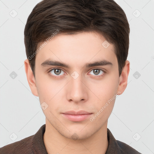 Neutral white young-adult male with short  brown hair and brown eyes