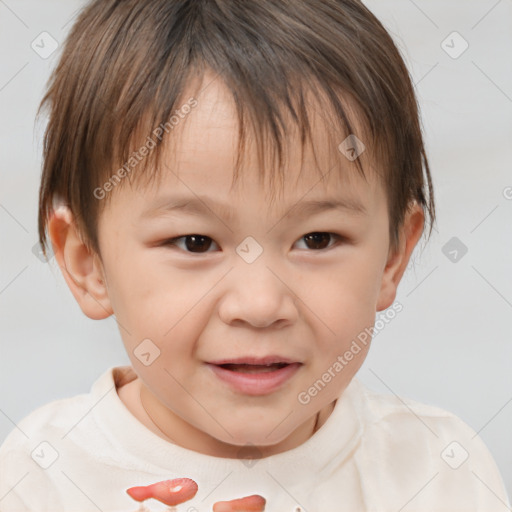 Joyful white child female with short  brown hair and brown eyes