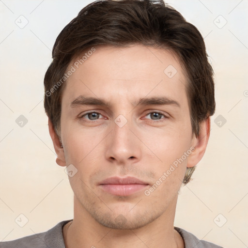 Neutral white young-adult male with short  brown hair and brown eyes