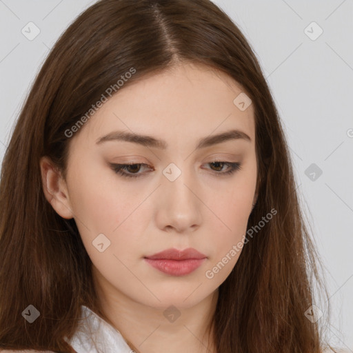 Neutral white young-adult female with long  brown hair and brown eyes