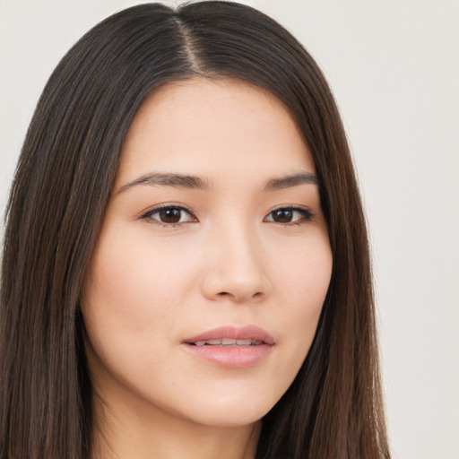 Neutral asian young-adult female with long  brown hair and brown eyes