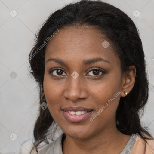 Joyful black young-adult female with medium  brown hair and brown eyes