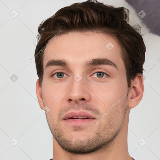 Neutral white young-adult male with short  brown hair and brown eyes