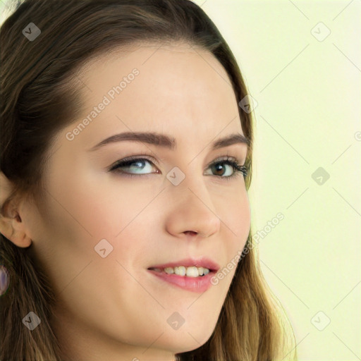 Neutral white young-adult female with long  brown hair and green eyes