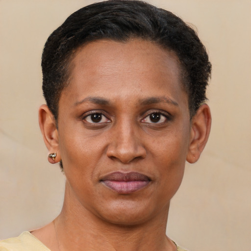 Joyful latino adult female with short  brown hair and brown eyes