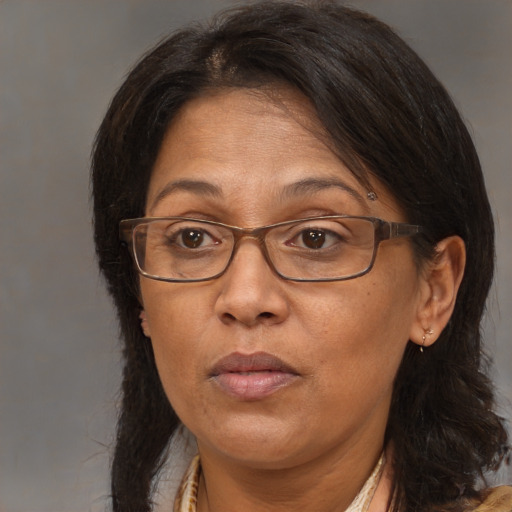 Neutral white adult female with medium  brown hair and brown eyes