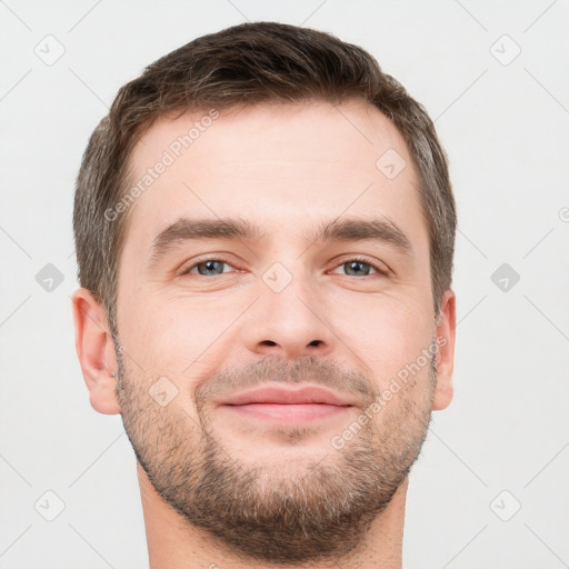 Neutral white young-adult male with short  brown hair and brown eyes