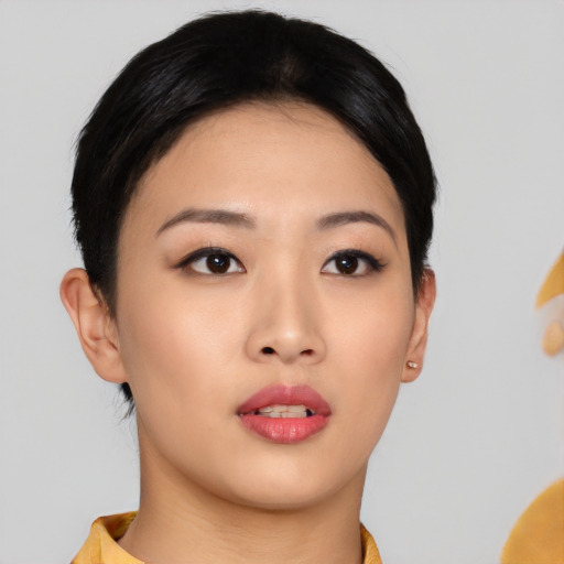 Neutral asian young-adult female with short  black hair and brown eyes