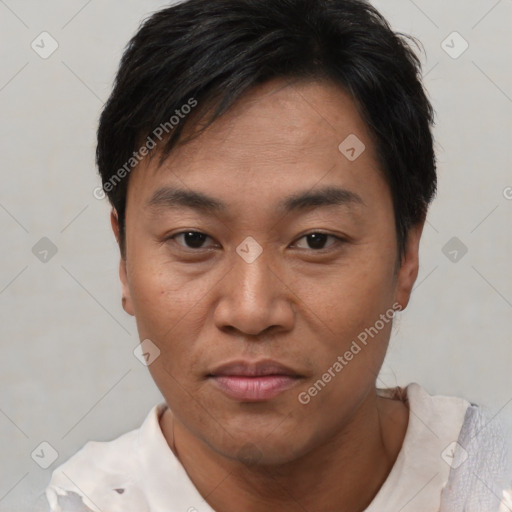 Joyful asian young-adult male with short  black hair and brown eyes