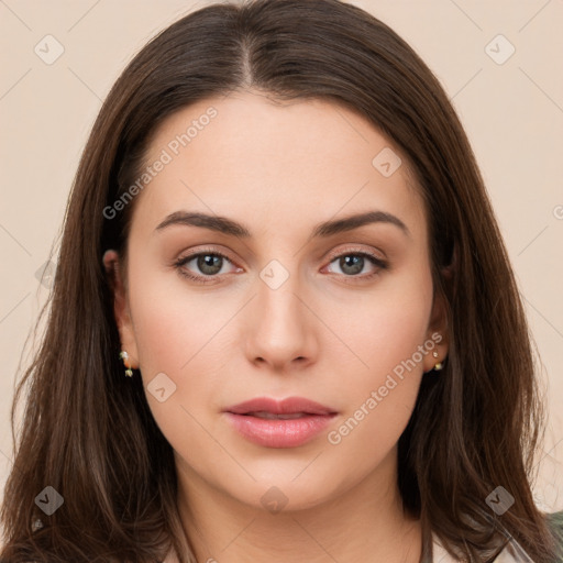 Neutral white young-adult female with long  brown hair and brown eyes