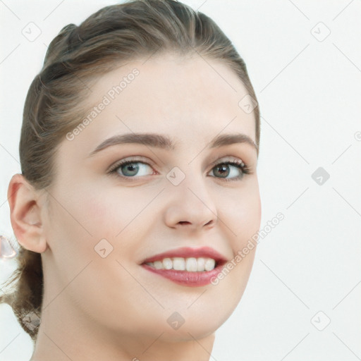 Joyful white young-adult female with long  brown hair and blue eyes