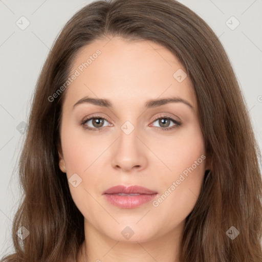 Neutral white young-adult female with long  brown hair and brown eyes