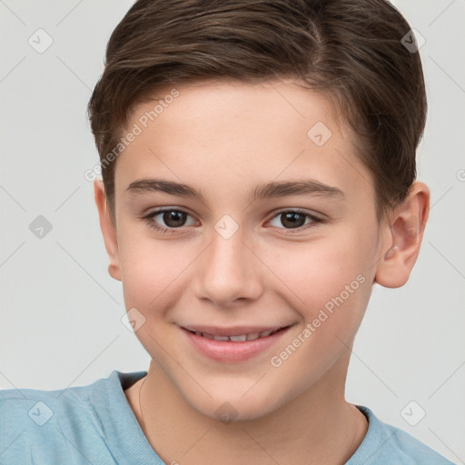 Joyful white child female with short  brown hair and brown eyes