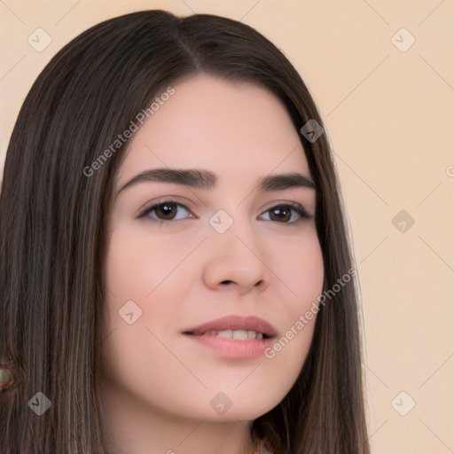 Neutral white young-adult female with long  brown hair and brown eyes