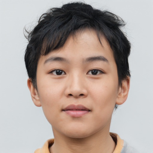 Neutral asian young-adult female with short  brown hair and brown eyes