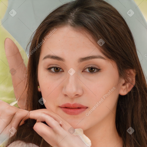 Neutral white young-adult female with long  brown hair and brown eyes