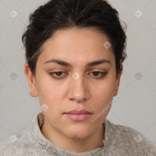 Neutral white young-adult female with short  brown hair and brown eyes