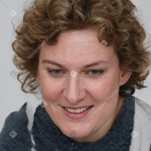 Joyful white adult female with medium  brown hair and blue eyes