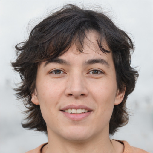 Joyful white young-adult male with medium  brown hair and brown eyes